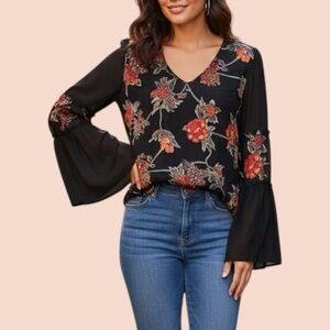 LOLA Made in Italy Floral Bell Sleeve Black Top Sz M‎